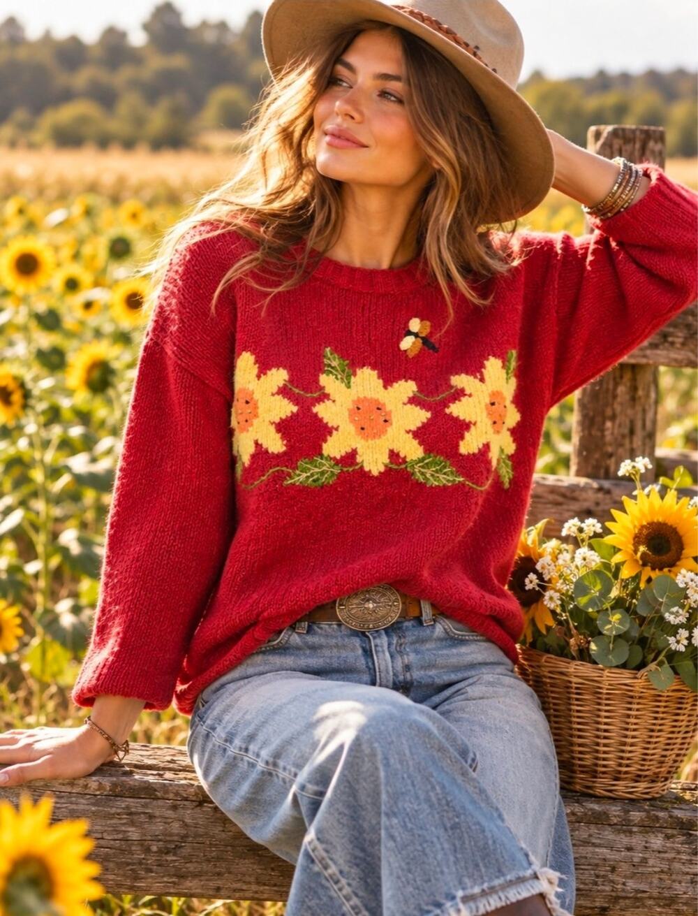 Vintage Monterey Bay Hand Knit Peru Cotton Sweater M Floral Bee Folk Art